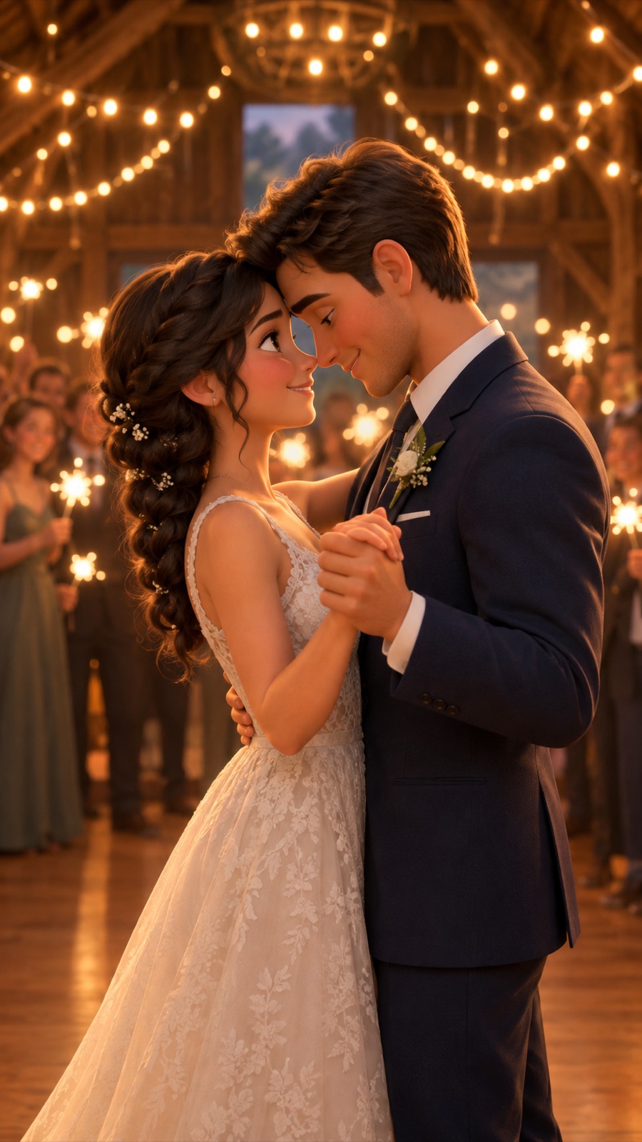 An animated bride and groom sharing their first dance under fairy lights